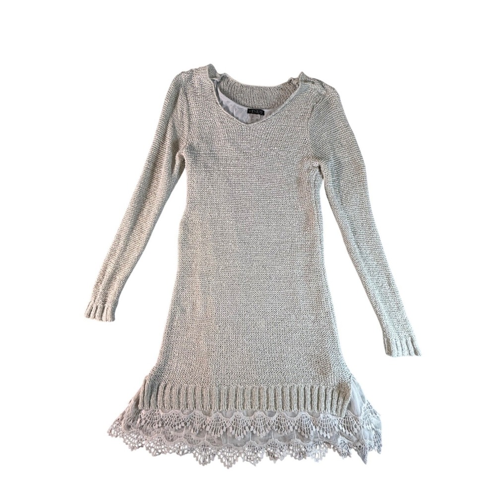 VENUS Sweater Dress Lace Hem Pale Gray Knit Boho Cottagecore Feminine Size M
